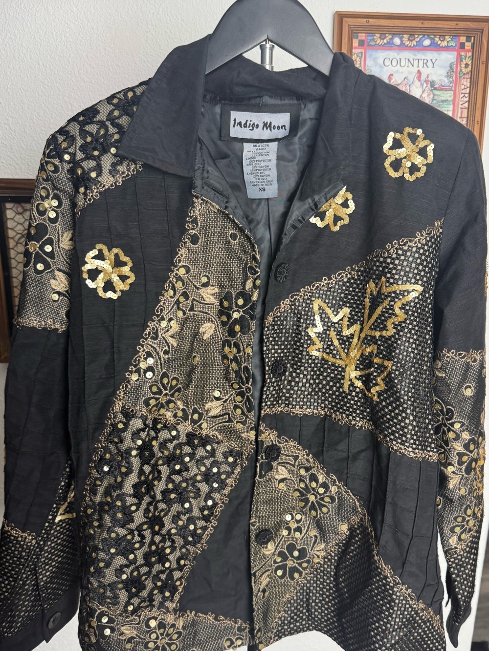 Indigo Moon Black Jacket with Gold Embroidered Patchwork and Sequins Size XS